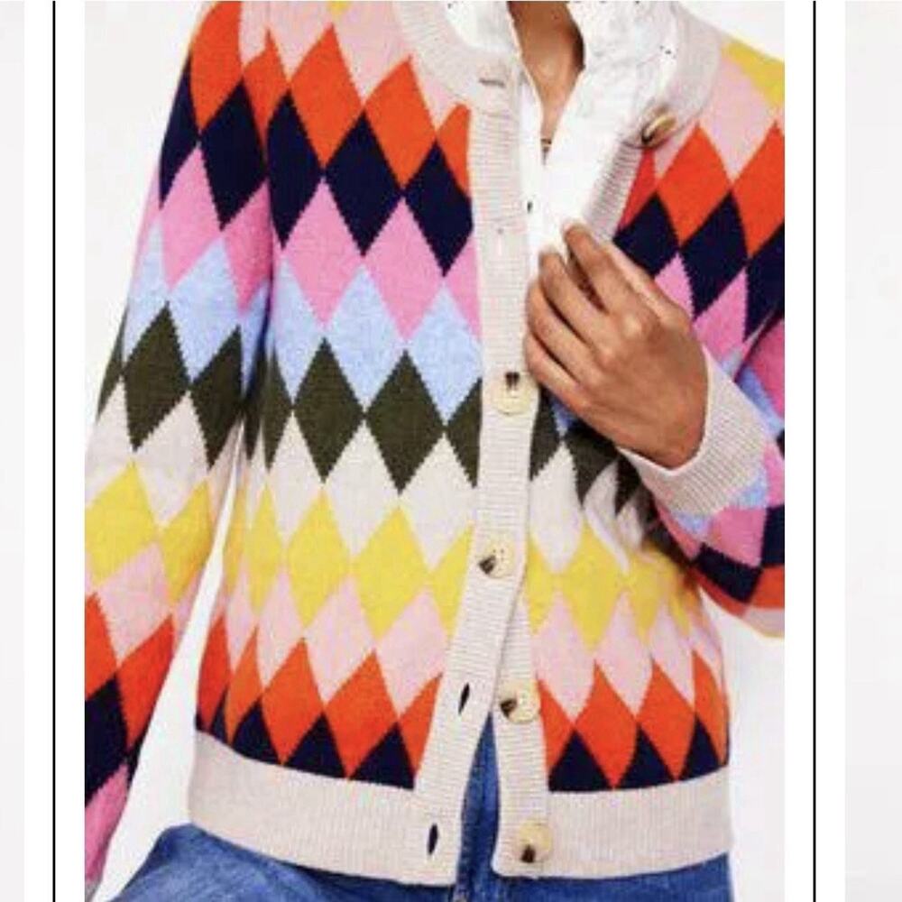 Boden Women Multicolor Argyle Diamond Wool Blend Sweater Patterned Cardigan XL - Picture 12 of 12